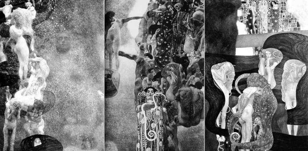 Gustav Klimtin 1945te yok olan kayip eserleri. Soldan saga Felsefe Tip ve Hukuk